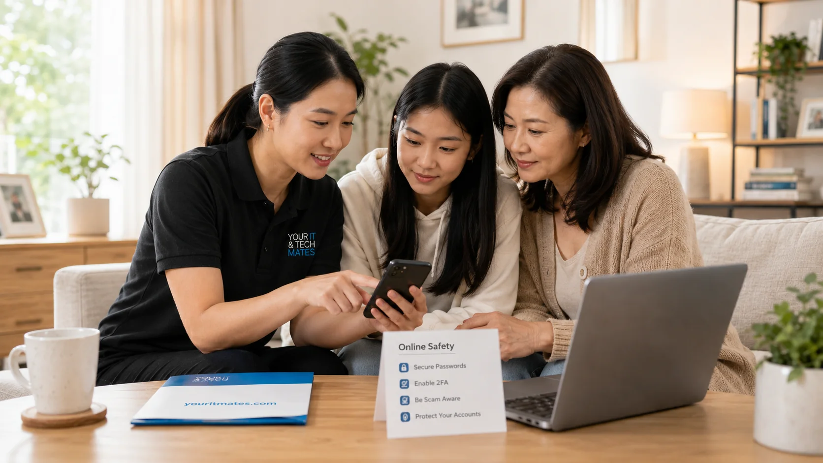Your IT & Tech Mates technician helping a parent and teenager review a suspicious message and improve online safety.
