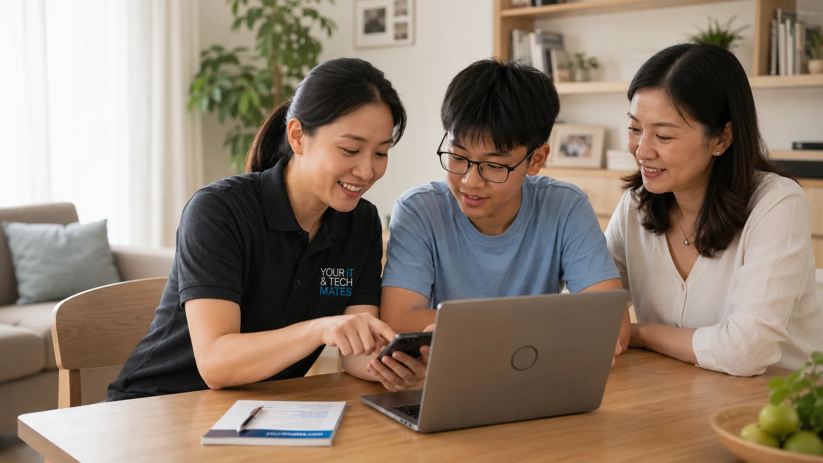 Your IT & Tech Mates technician helping a parent and student set up a school laptop and smartphone.