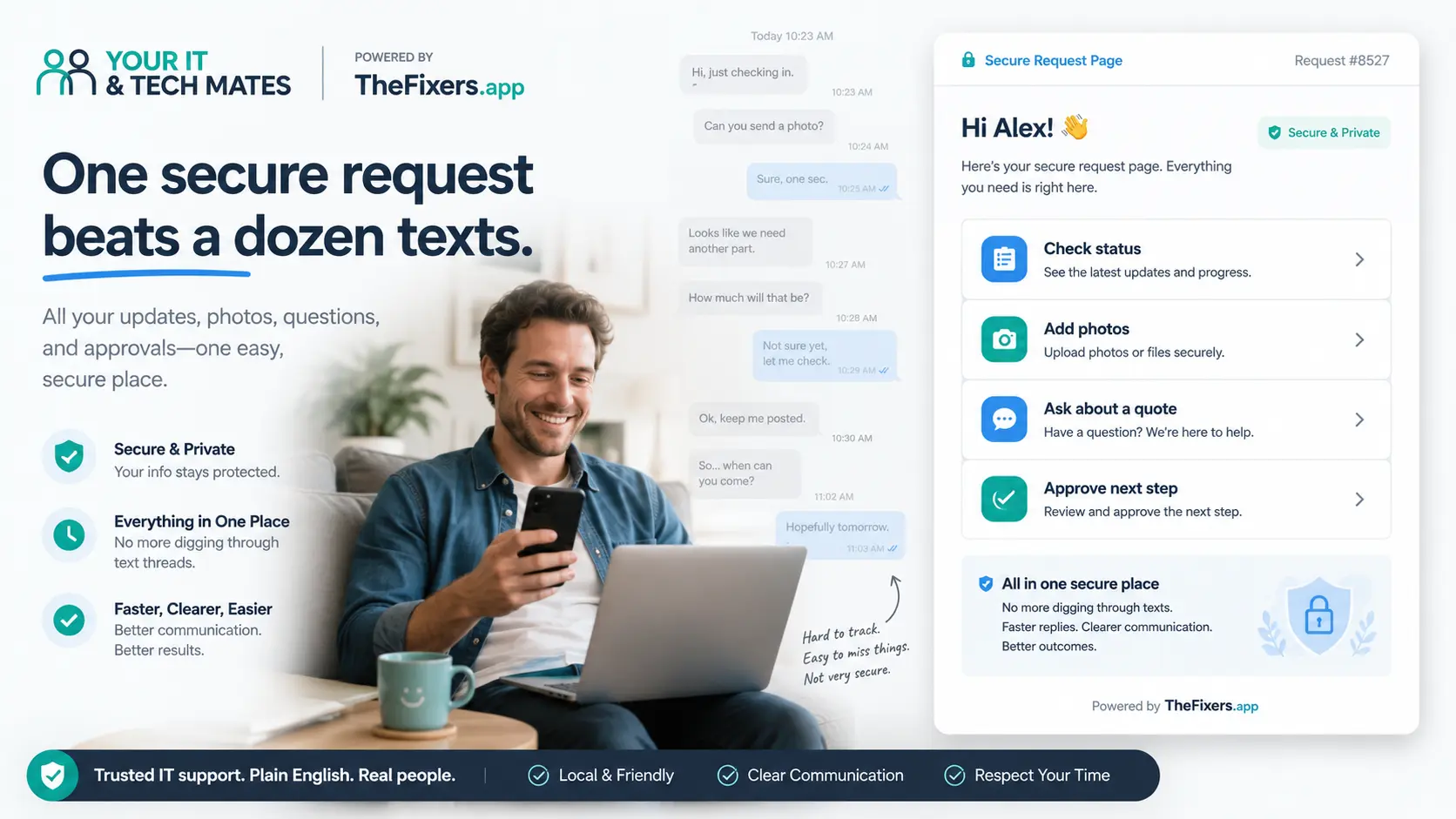 Customer using a secure request page instead of text messages to manage customer enquiries, IT support requests, screenshots, quote questions and updates with Your IT and Tech Mates and TheFixers.app.