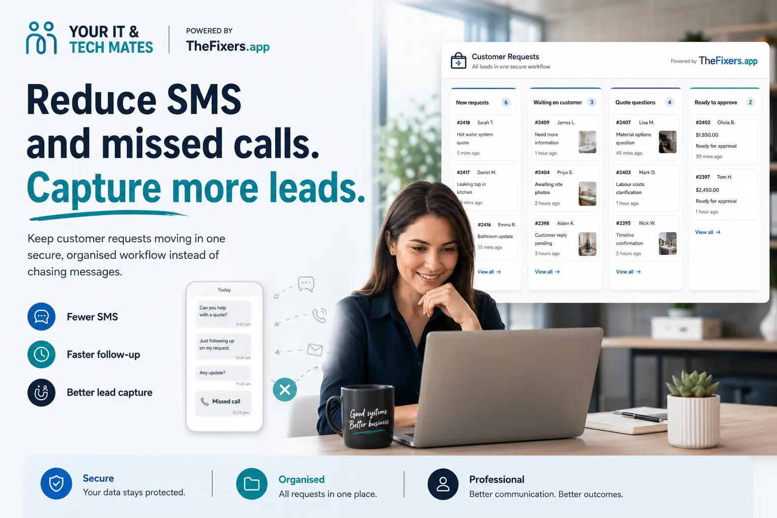 Your IT & Tech Mates and TheFixers.app customer request workflow showing how a secure customer room reduces SMS follow-up, missed calls and lost leads for small businesses.
