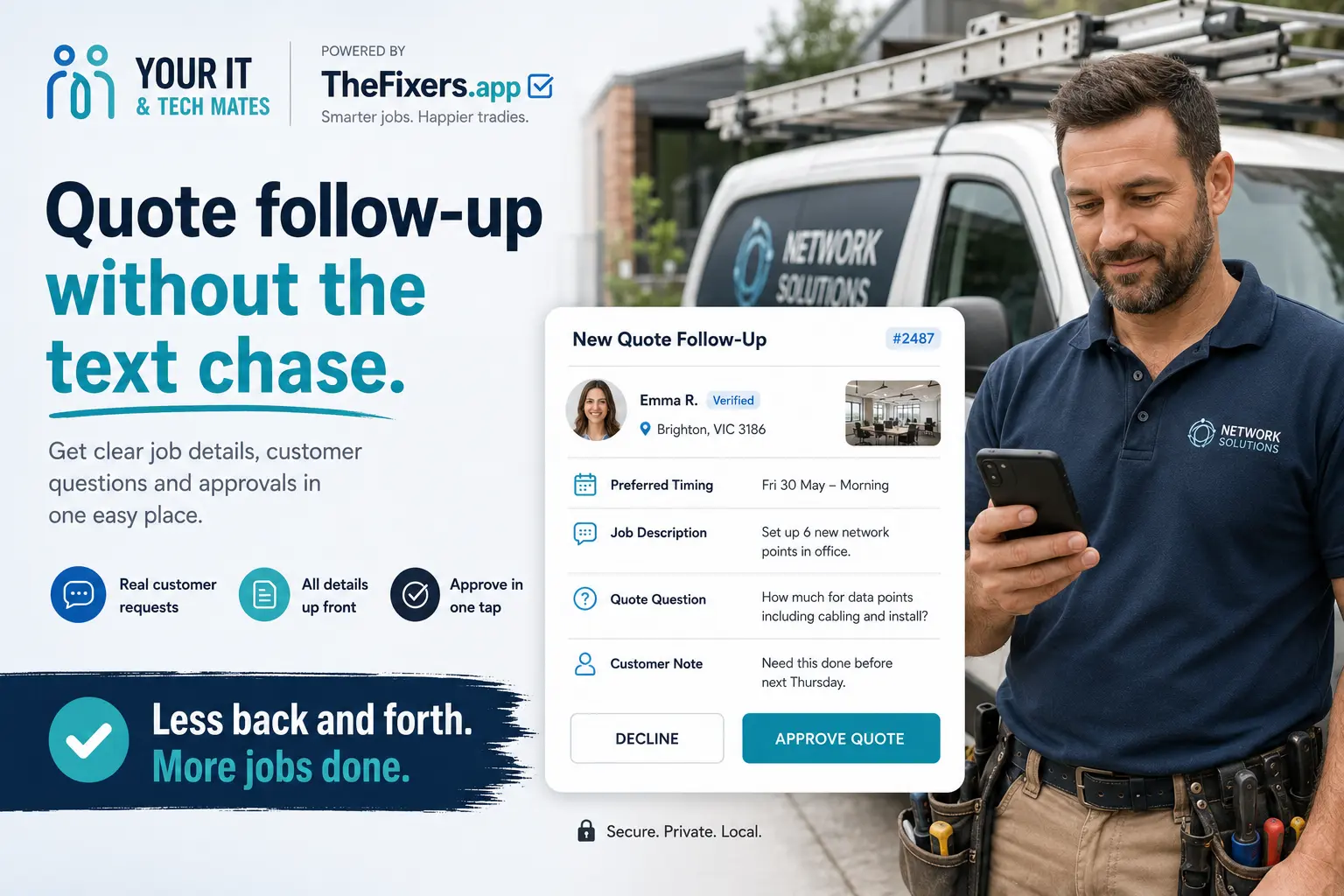 Your IT & Tech Mates and TheFixers.app quote follow-up hero showing a tradie receiving clear job details, quote questions and customer approvals without chasing by text.