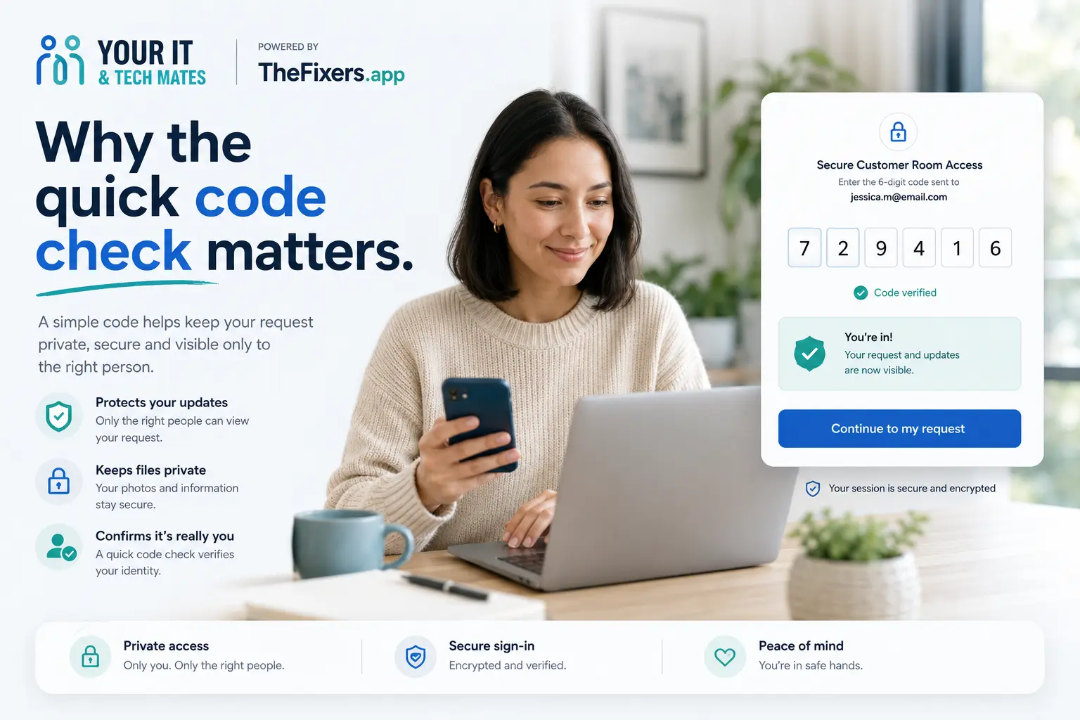 Your IT & Tech Mates secure customer room powered by TheFixers.app showing a quick code check that protects customer updates, files, photos and approvals.