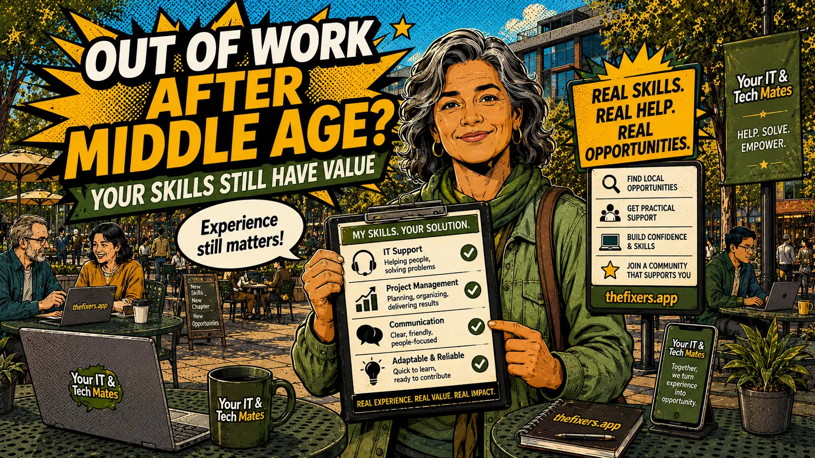 Out of work after middle age guide showing experienced workers using valuable skills with TheFixers.app