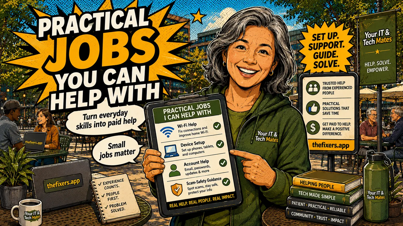 Practical jobs experienced people can help with including Wi-Fi device setup and account help through TheFixers.app
