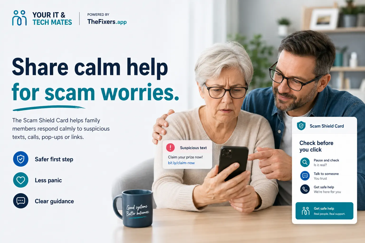 Scam Shield Card helping family check a suspicious message before clicking or paying