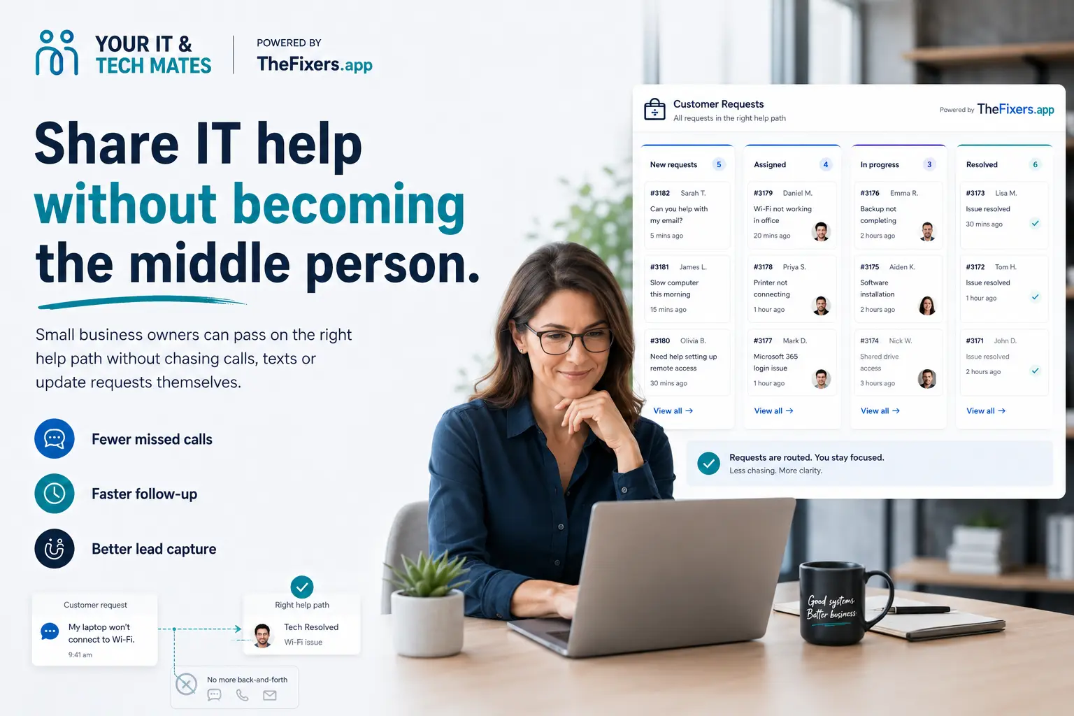 Small business owner sharing IT help without becoming the middle person for customer follow up