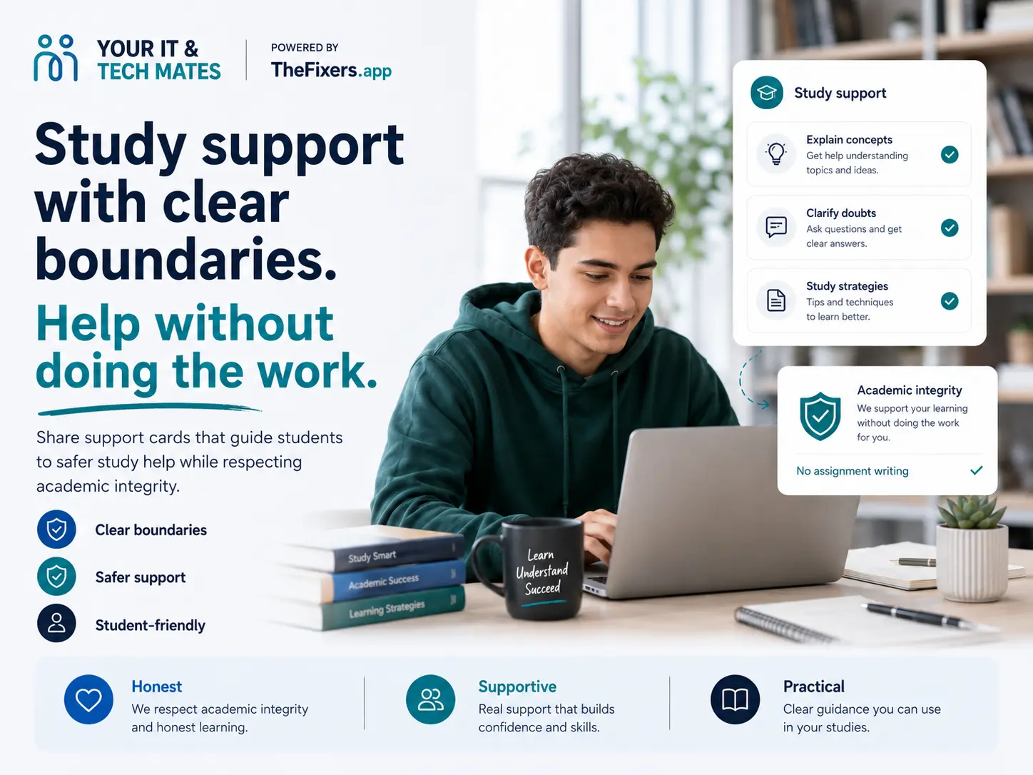 Student study support cards with academic integrity boundaries for tutoring assignment coaching and responsible AI help