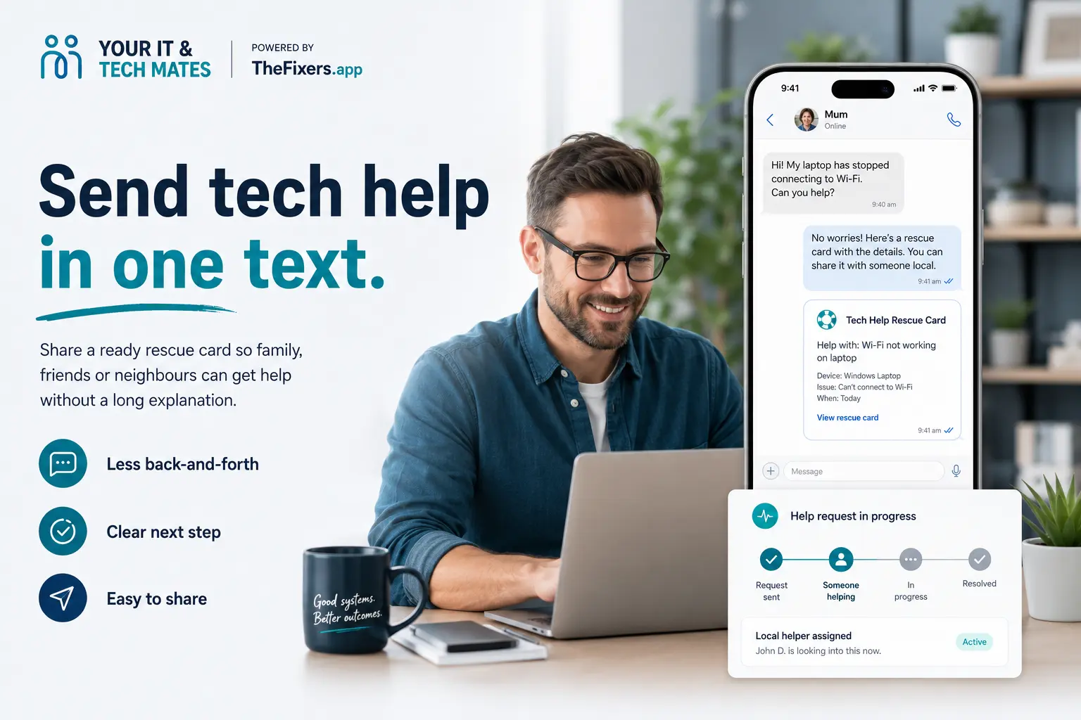 Tech help rescue card shared by text message with Your IT and Tech Mates referral tools