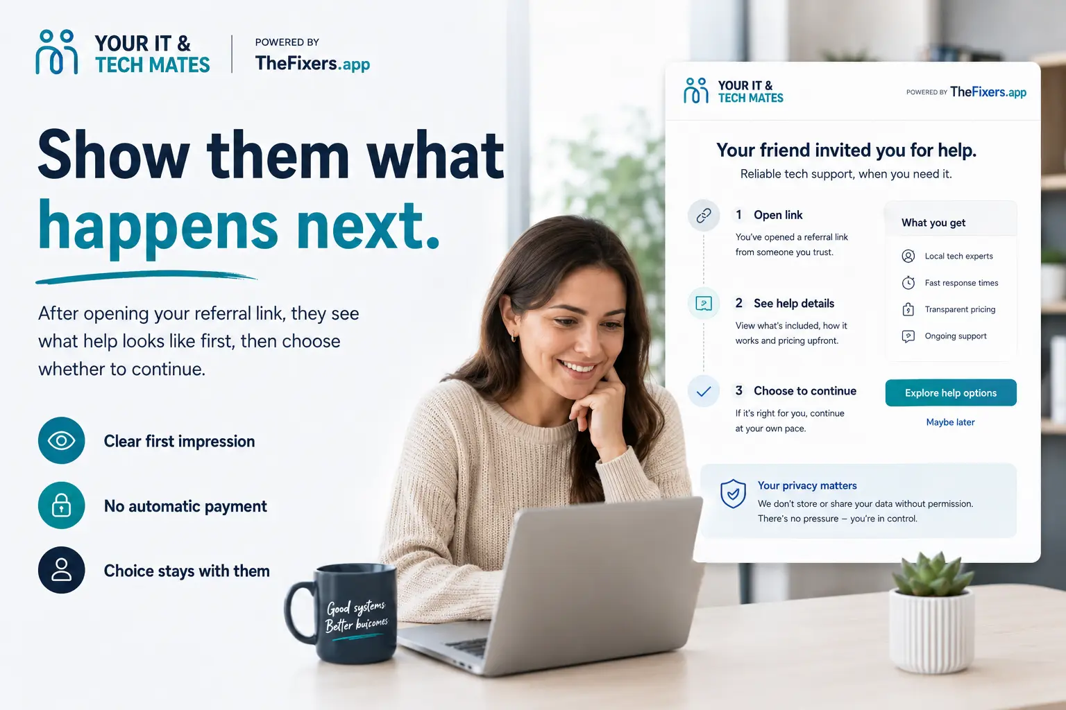 Friend viewing a referral link with clear next steps no automatic payment and choice to continue