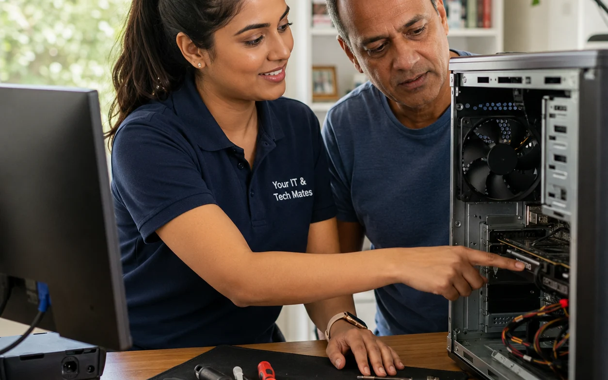 Your IT and Tech Mates computer repair specialist explaining desktop hardware repair options