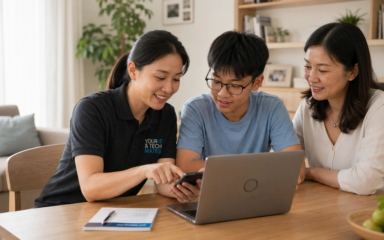 Your IT and Tech Mates family technology specialist helping with a phone and laptop at home