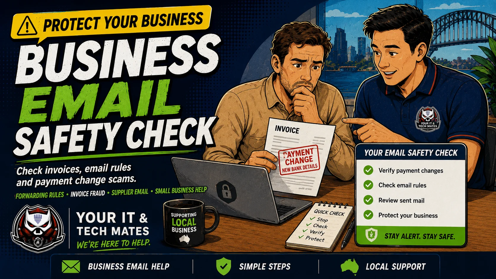 Your IT & Tech Mates Business Email Safety Check for Australian small businesses checking invoice scams, changed bank details, email rules and payment redirection risks.