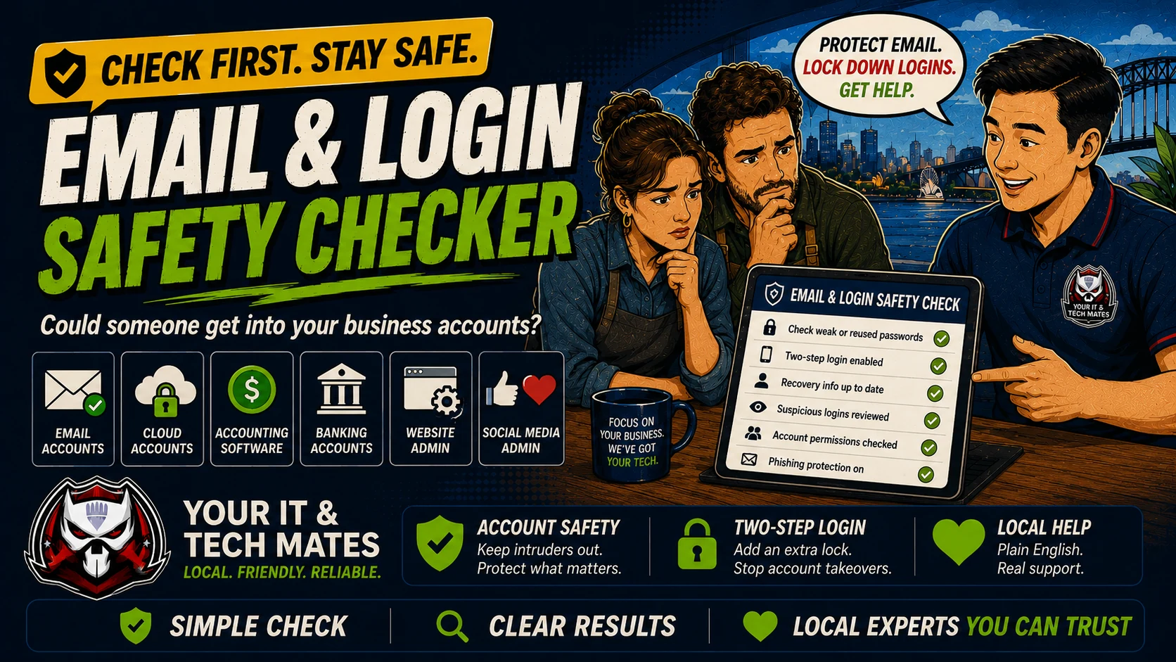 Your IT & Tech Mates Email and Login Safety Checker hero image showing small business owners reviewing two-step login, account safety and business account access.