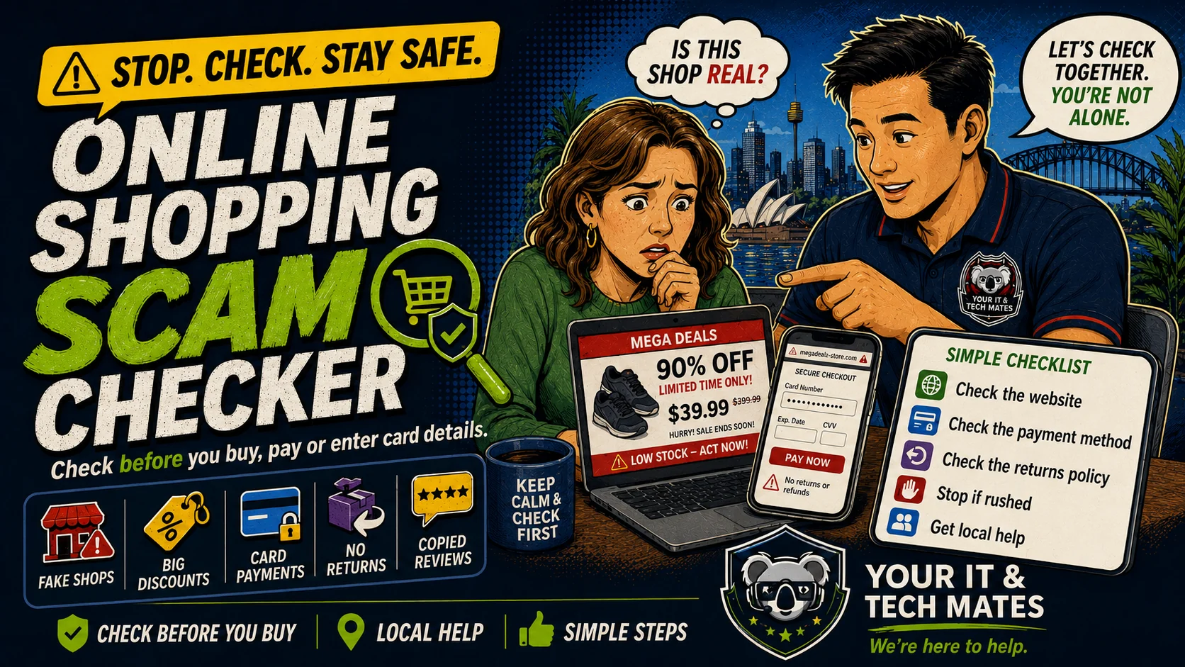 Your IT & Tech Mates Online Shopping Scam Checker Australia hero image showing a worried shopper checking a fake online store with a friendly local tech helper, simple checklist, and stop check stay safe scam safety message.