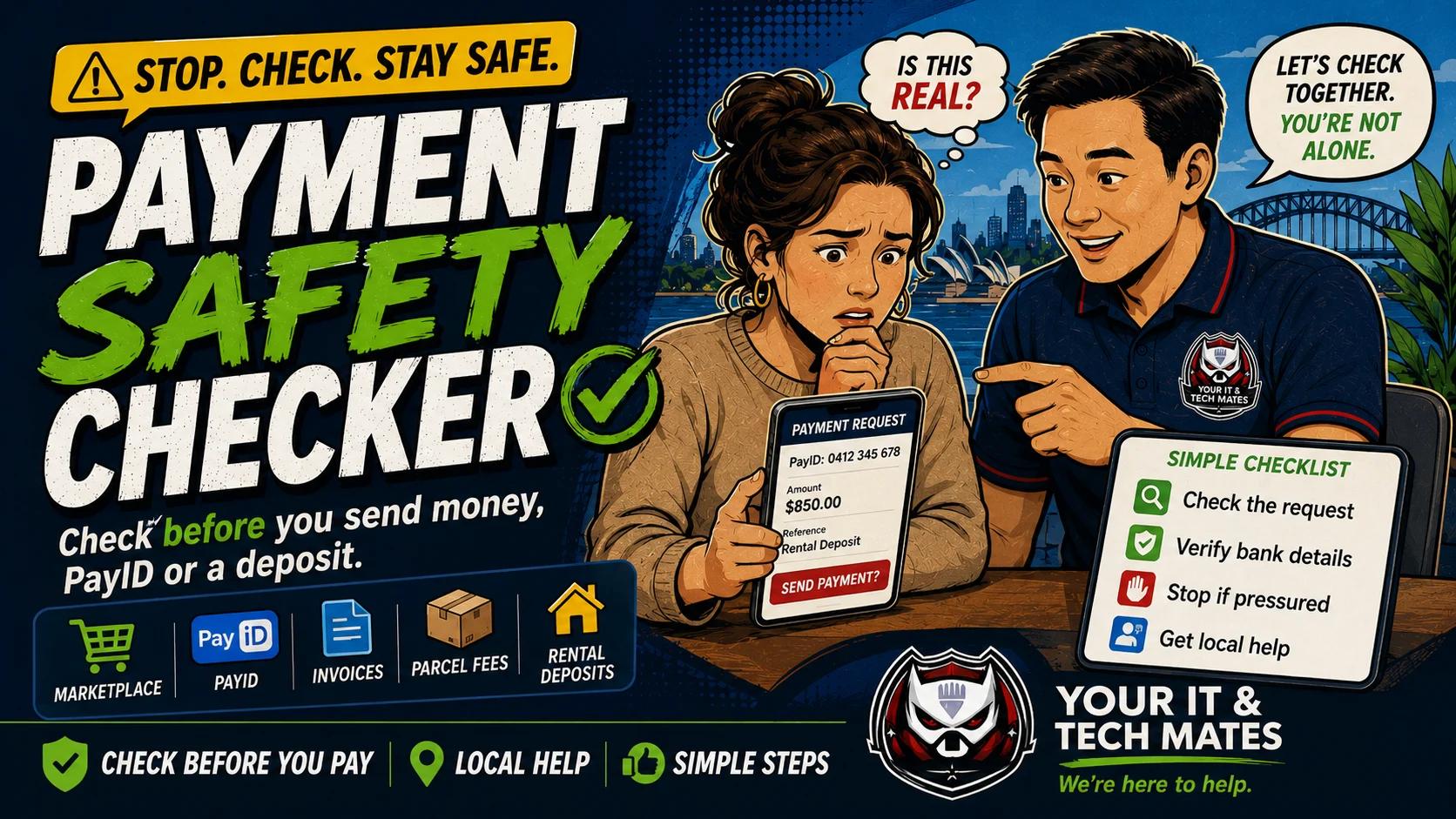 Your IT & Tech Mates Payment Safety Checker for Australians checking PayID, invoice, marketplace, parcel fee and deposit payment scams before sending money.