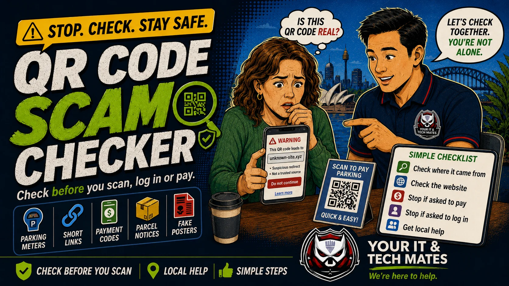 Your IT & Tech Mates QR Code Scam Checker Australia hero image showing a user checking a suspicious QR code before scanning, logging in or paying, with local help and simple scam safety steps.