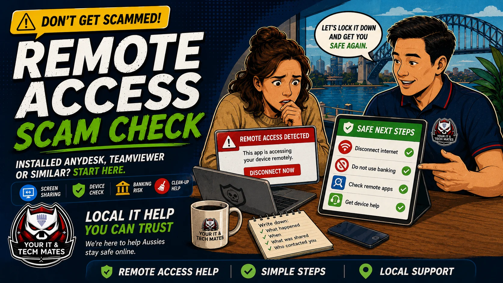 Your IT & Tech Mates Remote Access Scam Checker helping Australians check AnyDesk, TeamViewer and screen sharing scams before using banking or passwords.
