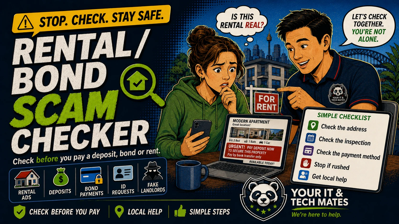 Your IT & Tech Mates Rental Bond Scam Checker Australia hero image showing a renter checking a suspicious rental listing, deposit request and bond payment before paying, with simple local scam safety guidance.