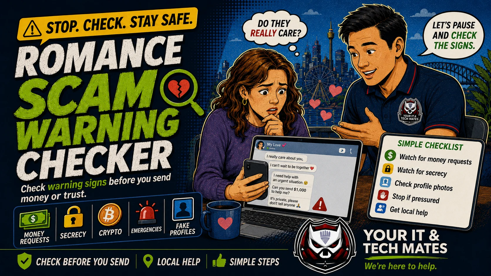 Your IT & Tech Mates Romance Scam Warning Checker Australia hero image showing a person checking online relationship scam warning signs before sending money, sharing trust or responding to pressure.