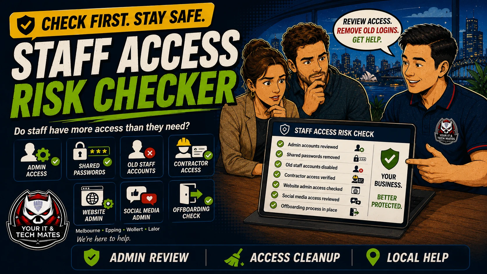 Your IT & Tech Mates Staff Access Risk Checker hero image showing a small business access review covering admin accounts, old staff logins, passwords and offboarding.