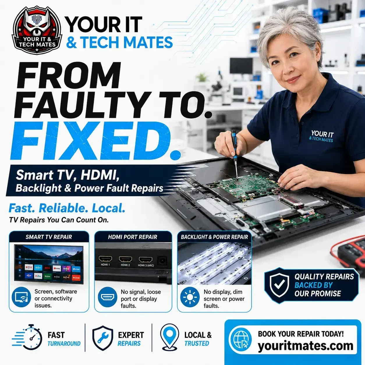 Smart TV repair support for HDMI, backlight and power faults in Melbourne by Your IT & Tech Mates