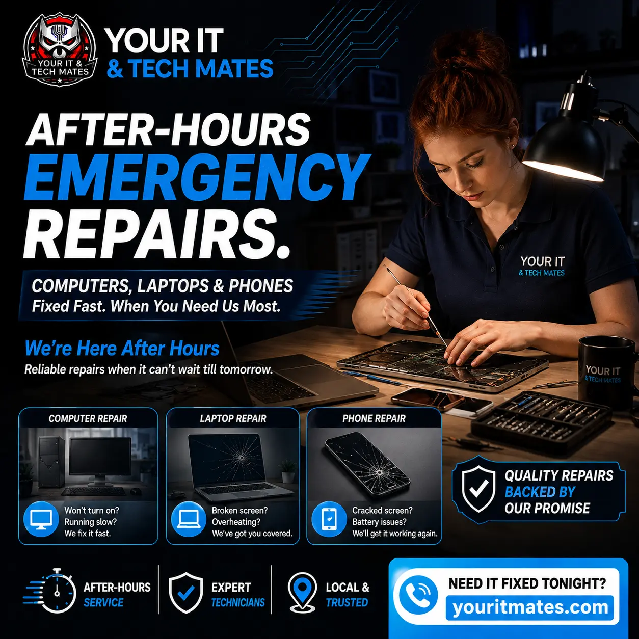 Your IT and Tech Mates after-hours emergency computer, laptop and phone repairs with local technician support