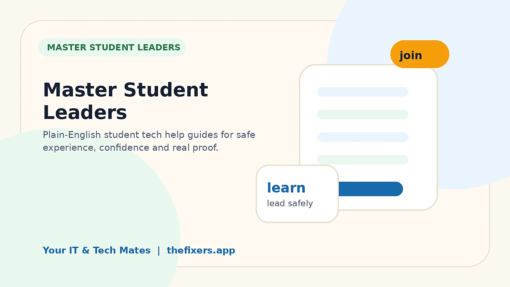 Your IT and Tech Mates Master Student Leaders student hub hero image for thefixers.app student pathway