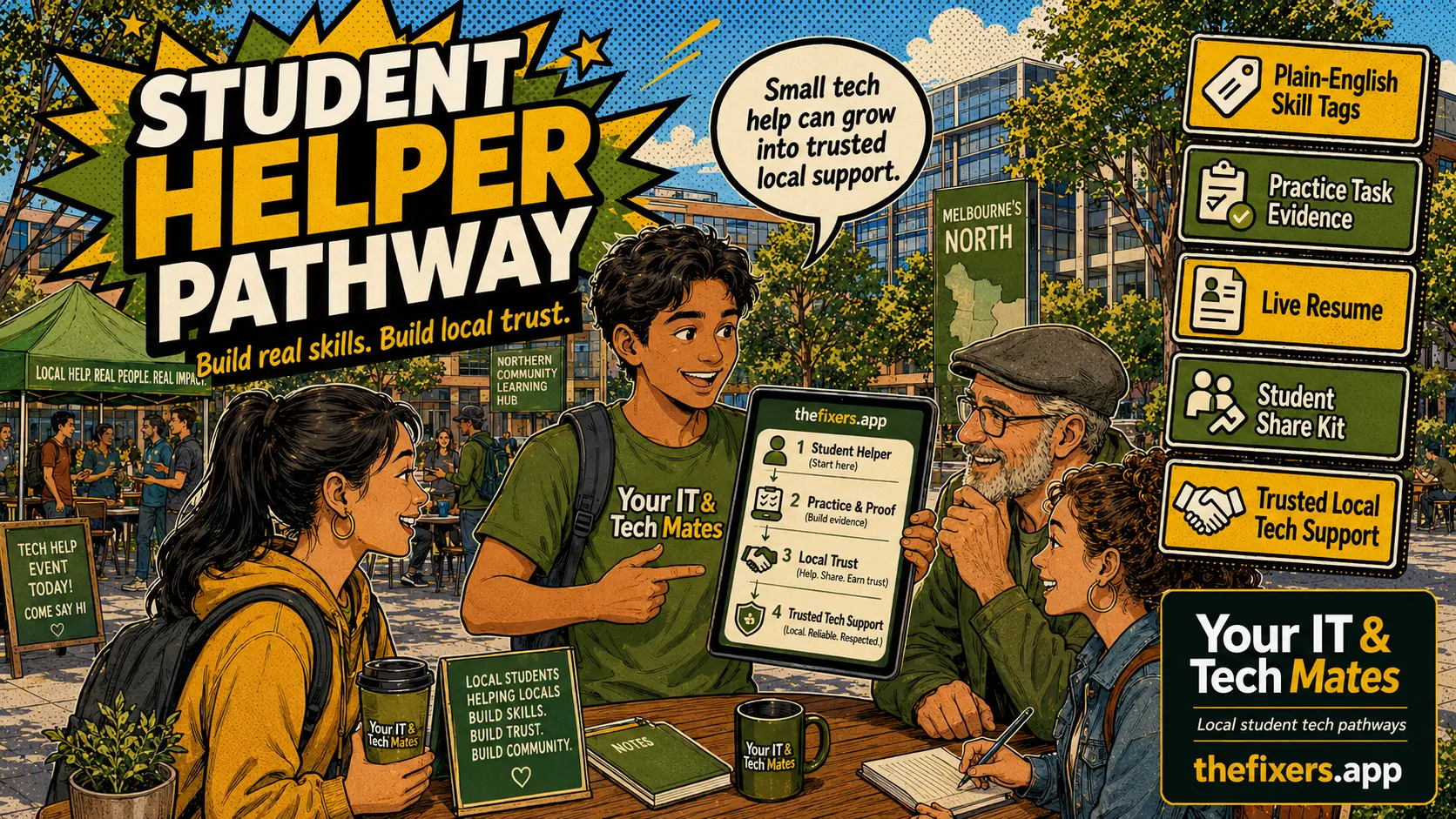 Student helper pathway for local tech support and campus proof