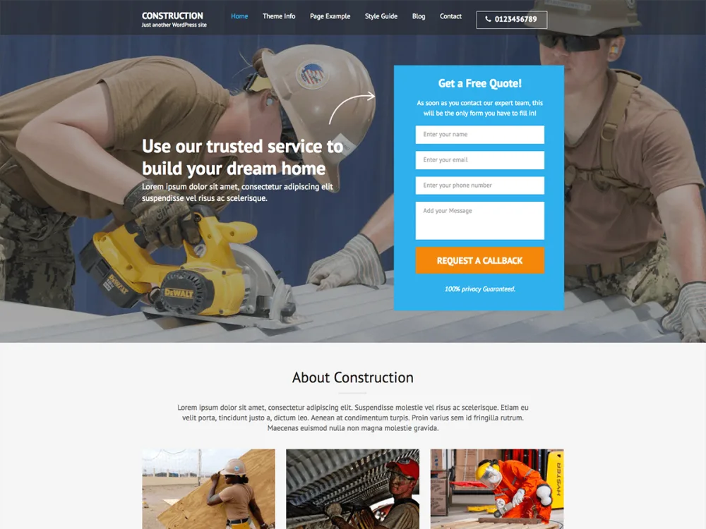 Construction Landing Page approved WordPress theme preview for trades and construction businesses